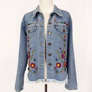 Carole Little Women's Size M Boho Vintage Denim Embroidered Floral Design Jacket